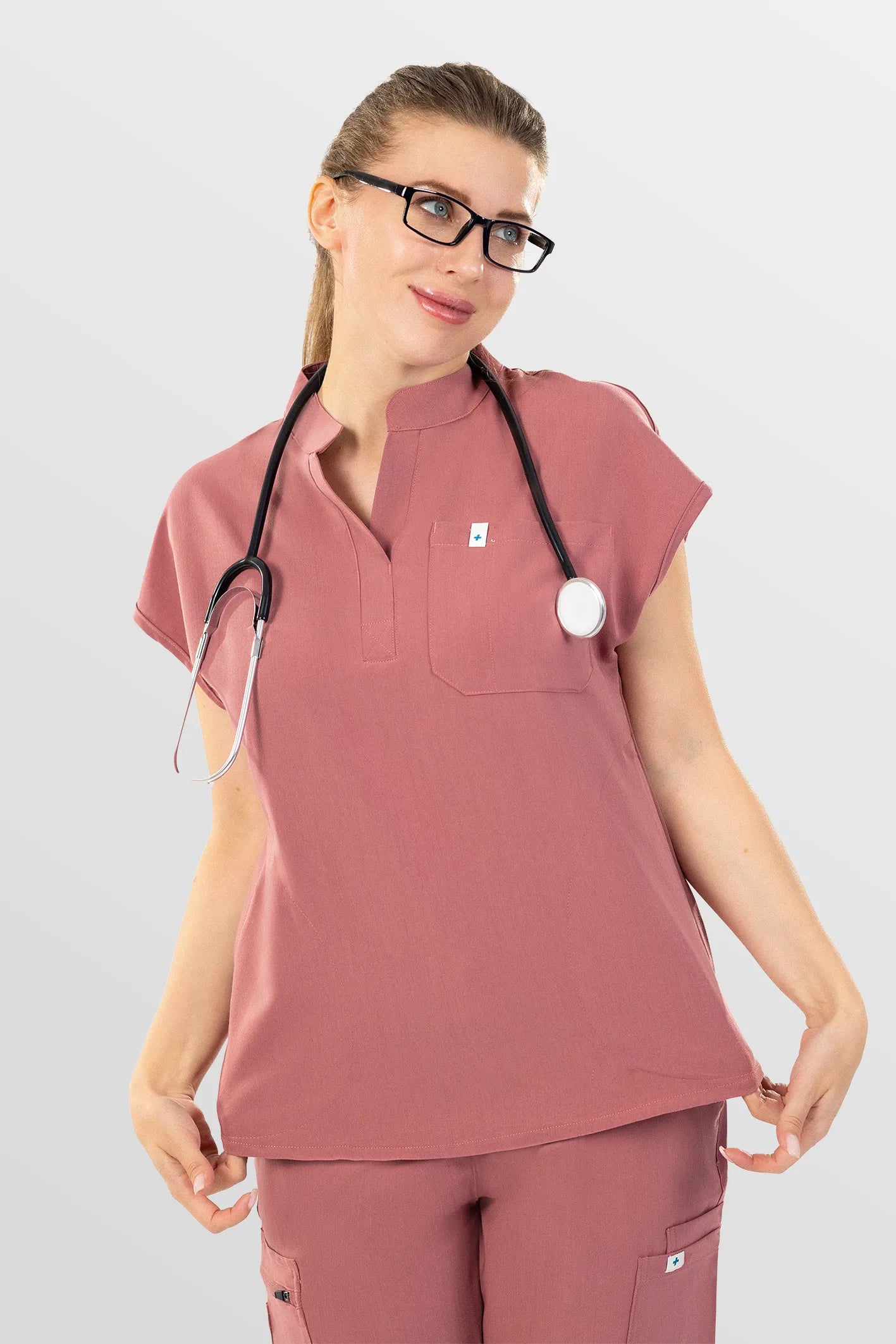 Flesh Pink Eipnare Women's Henley Collar Sleeveless Jogger Scrub Set - Stretch Medical Scrubs for Women