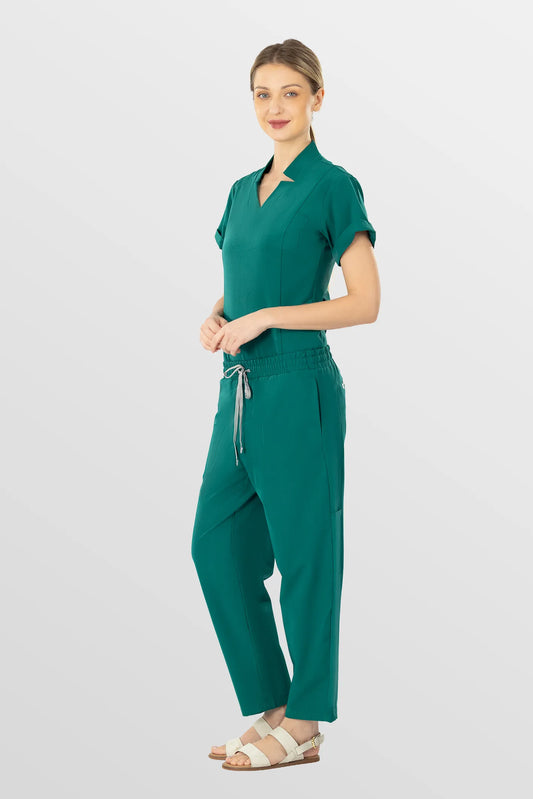 Green Eipnare Women's V-Neck Split 9-Pocket Slim Fit Scrub Set - Stretch Medical Scrubs for Women