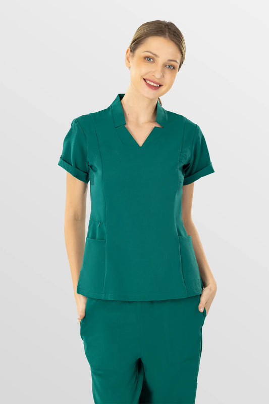 Green Eipnare Women's V-Neck Split 9-Pocket Slim Fit Scrub Set - Stretch Medical Scrubs for Women