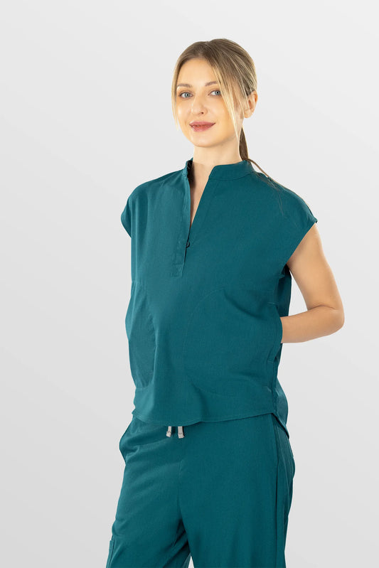 Hunter Green Eipnare Women's Soft Stretch V-Neck Scrub Top & Tapered Pants Set - Stretch Medical Scrubs for Women