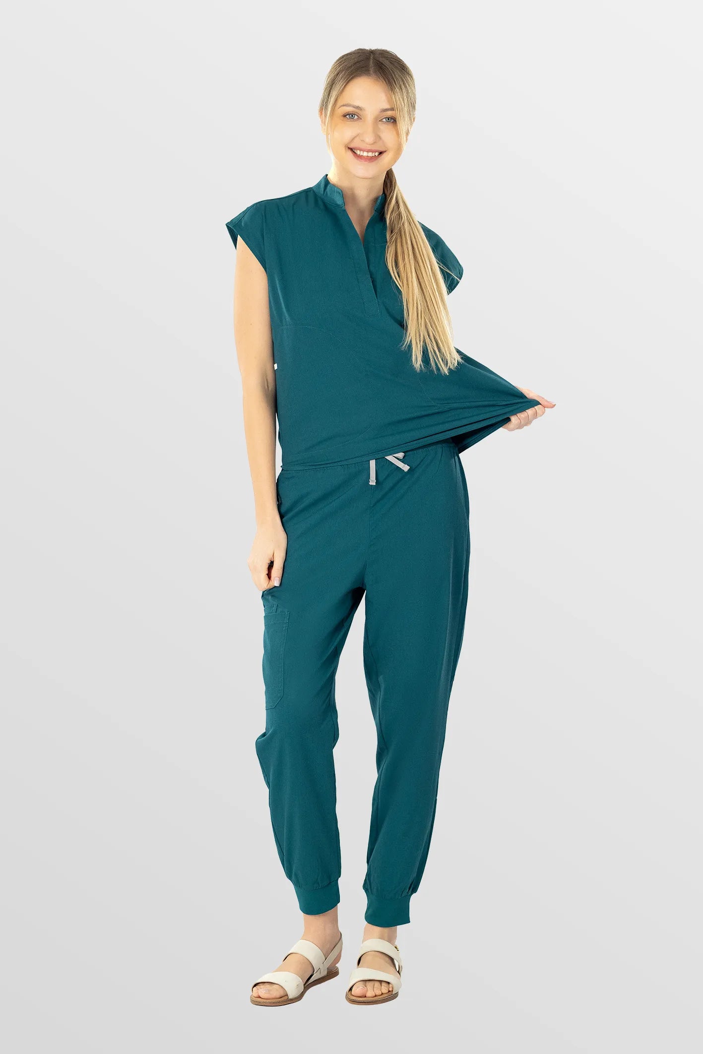 Hunter Green Eipnare Women's Soft Stretch V-Neck Scrub Top & Tapered Pants Set - Stretch Medical Scrubs for Women