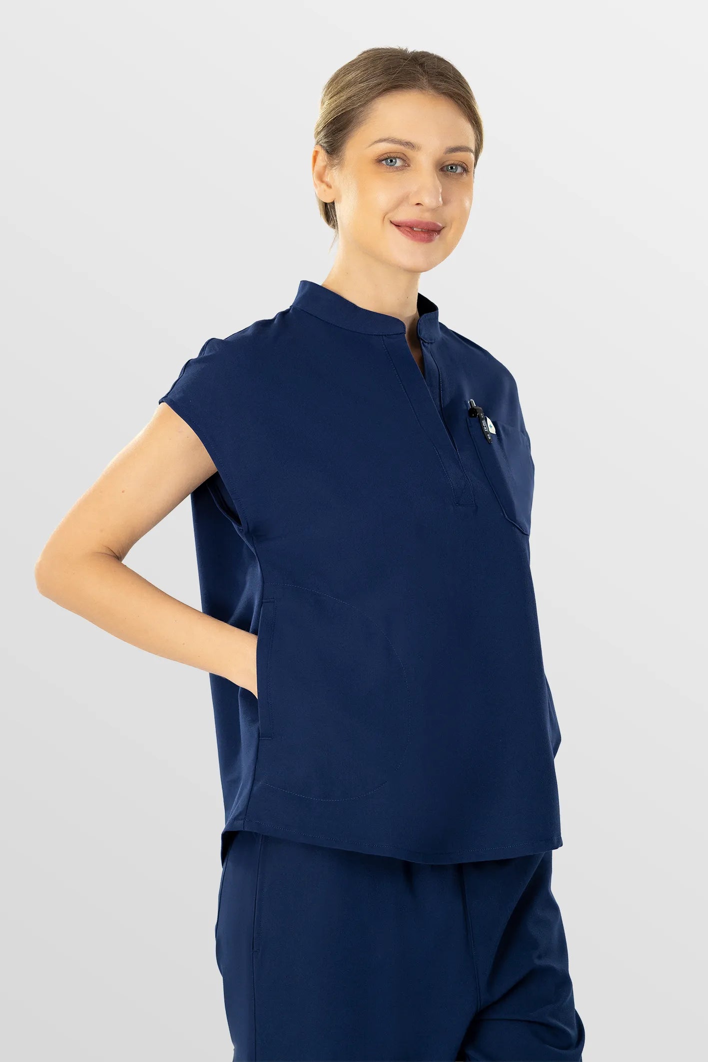 Dark Blue Eipnare Women's Henley Collar Sleeveless Jogger Scrub Set - Stretch Medical Scrubs for Women