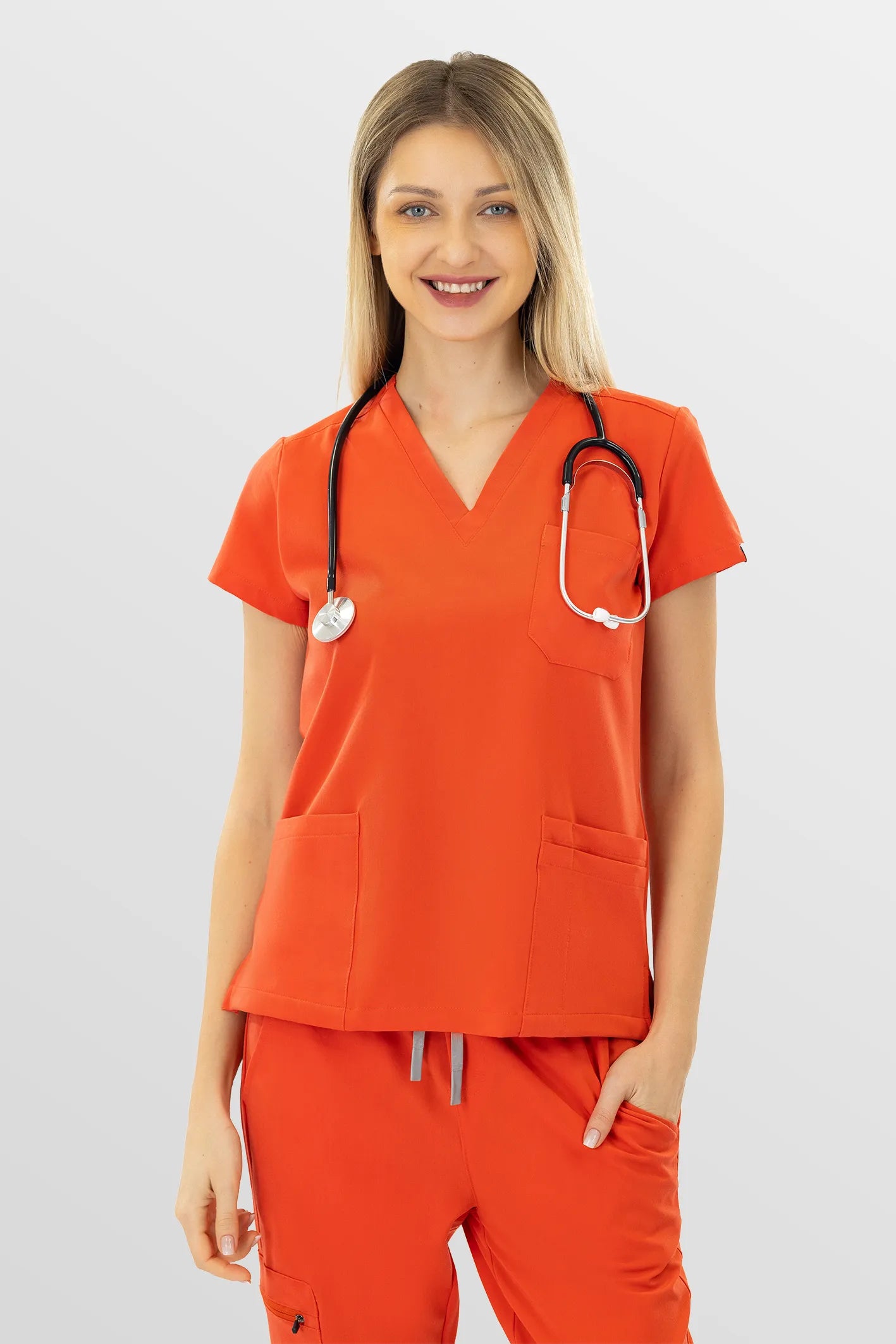 Orange Eipnare Women's V-Neck 8-Pocket Jogger Scrub Set - Stretch Medical Scrubs for Women
