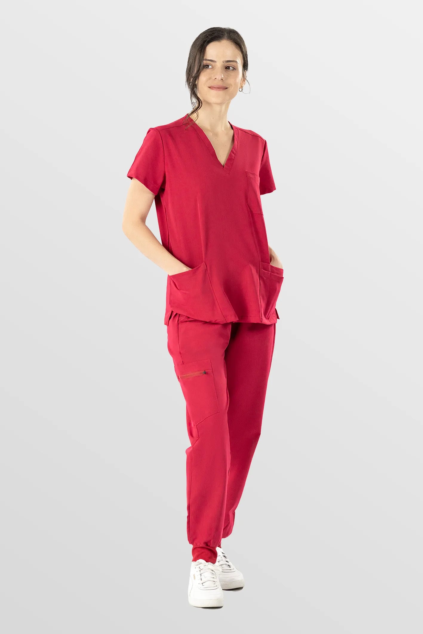 Red Eipnare Women's V-Neck 8-Pocket Jogger Scrub Set - Stretch Medical Scrubs for Women