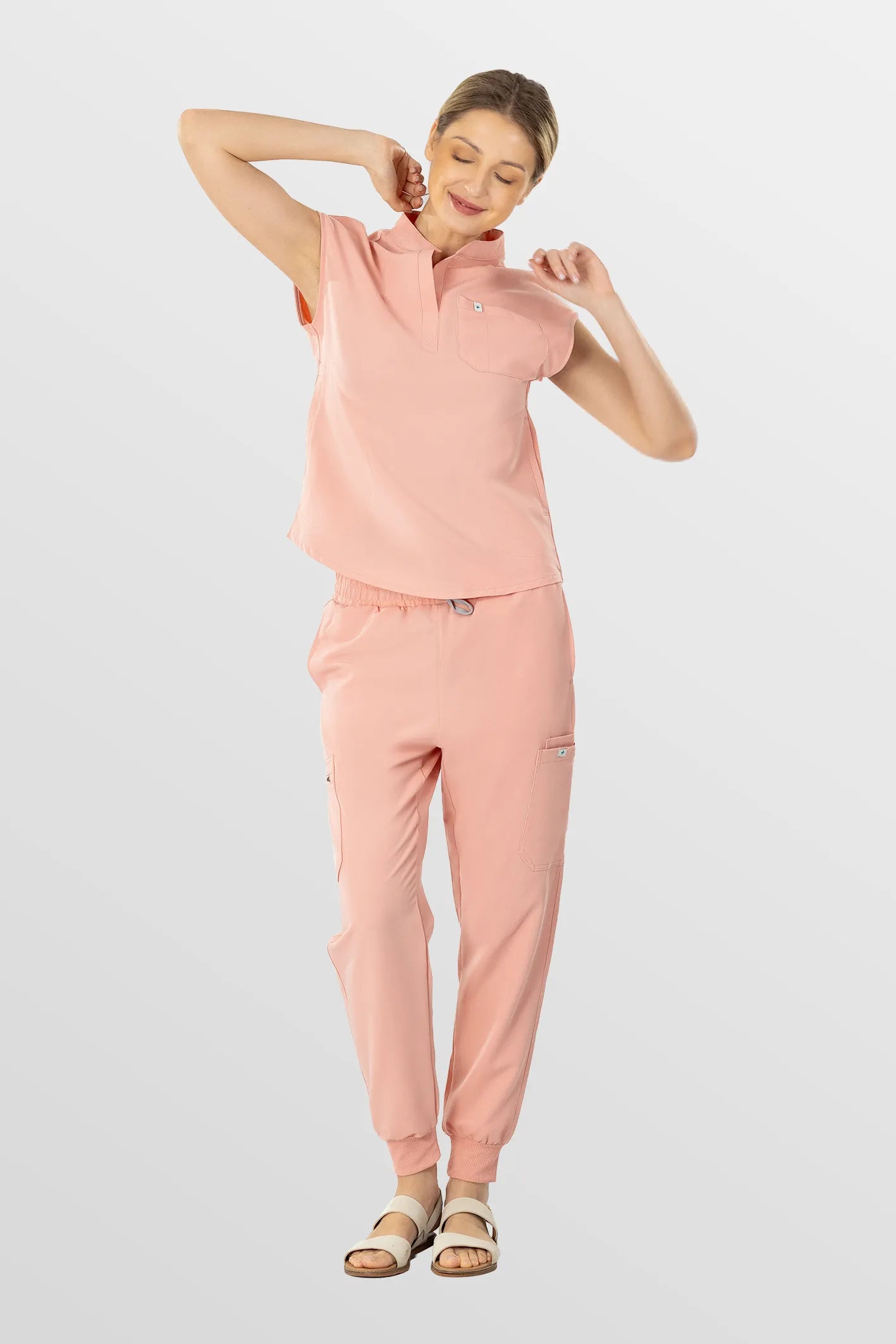 Pink Eipnare Women's Henley Collar Sleeveless Jogger Scrub Set - Stretch Medical Scrubs for Women