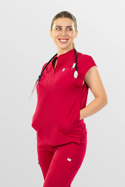 Red Eipnare Women's Henley Collar Sleeveless Jogger Scrub Set - Stretch Medical Scrubs for Women