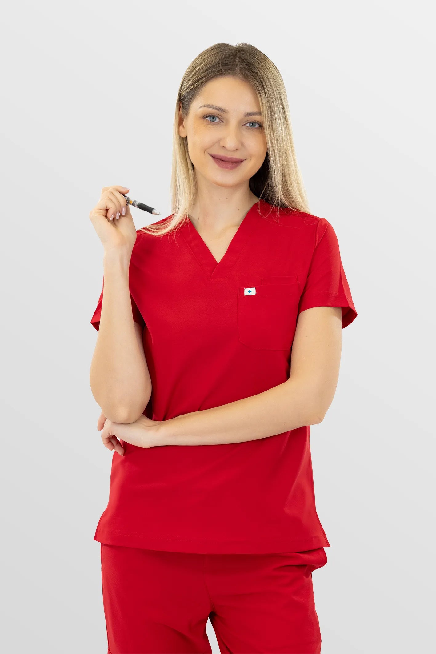 Red Eipnare Women's Soft Stretch V-Neck Scrub Top & Jogger Pants Set - Stretch Medical Scrubs for Women