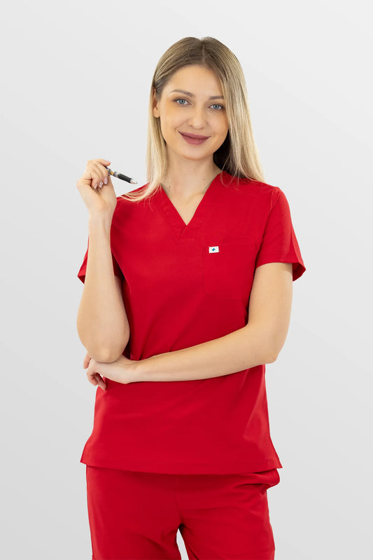 Red Eipnare Women's Soft Stretch V-Neck Scrub Top & Jogger Pants Set - Stretch Medical Scrubs for Women