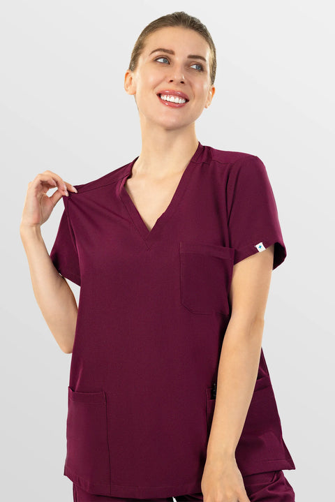 Eipnare Women's 3-Pocket V-Neck Scrub Top - Red