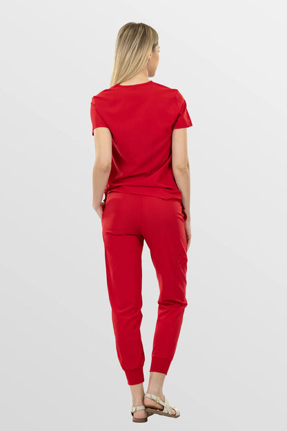 Red Eipnare Women's Soft Stretch V-Neck Scrub Top & Jogger Pants Set - Stretch Medical Scrubs for Women