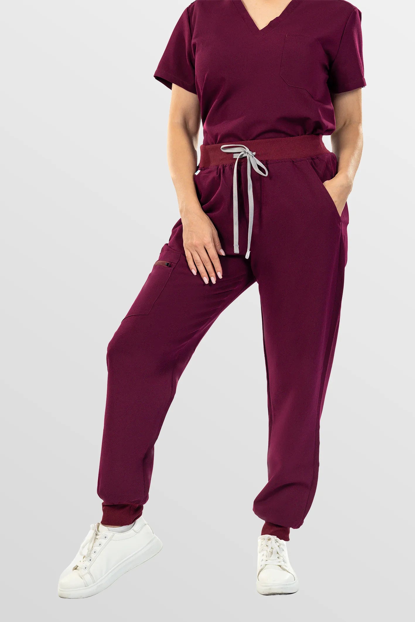 Red Eipnare Women's V-Neck 8-Pocket Jogger Scrub Set - Stretch Medical Scrubs for Women