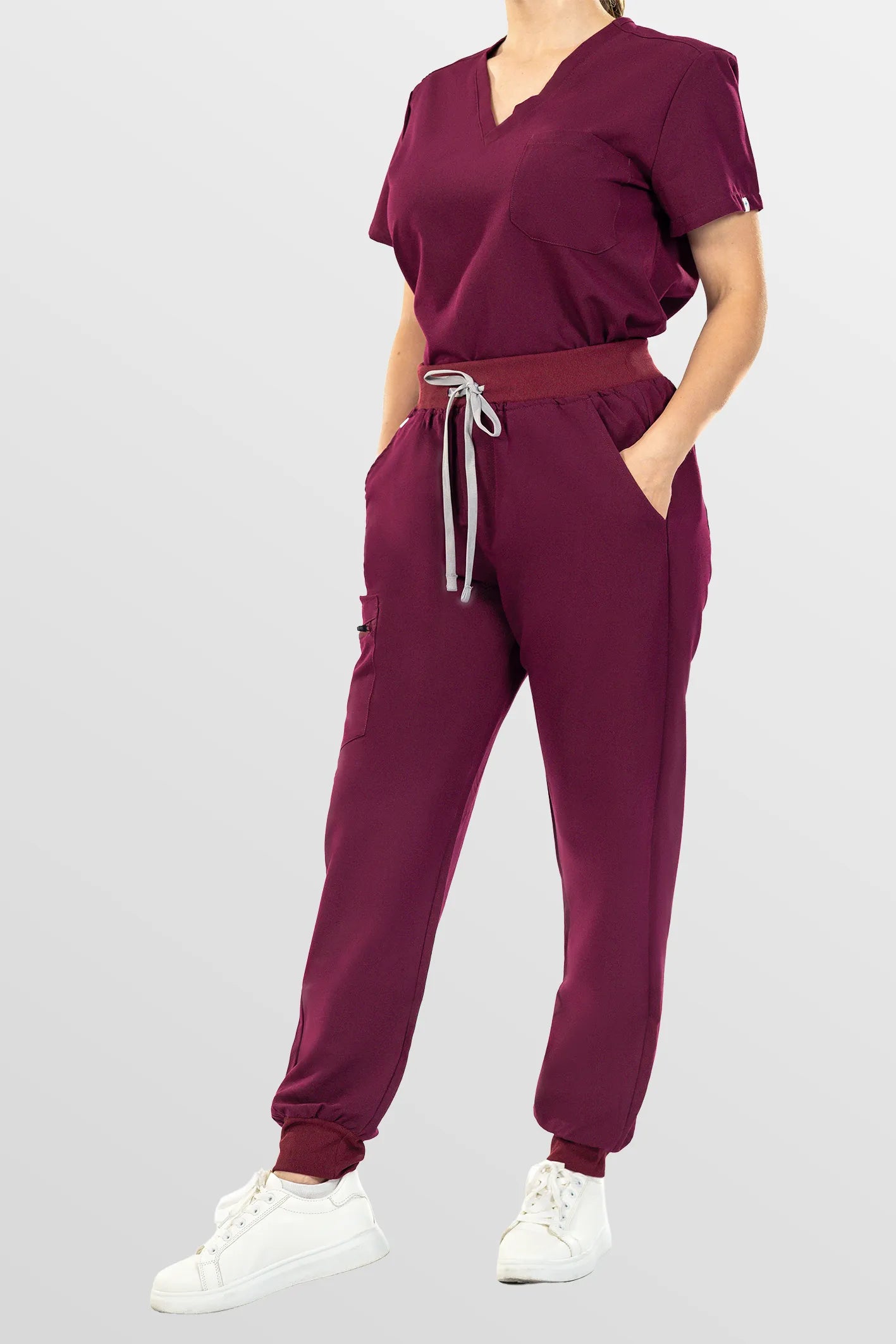 Red Eipnare Women's V-Neck 8-Pocket Jogger Scrub Set - Stretch Medical Scrubs for Women