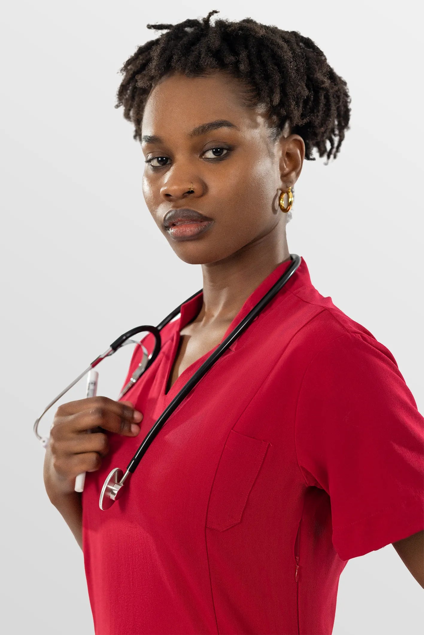 Red Eipnare Women's V-Neck Split 9-Pocket Slim Fit Scrub Set - Stretch Medical Scrubs for Women