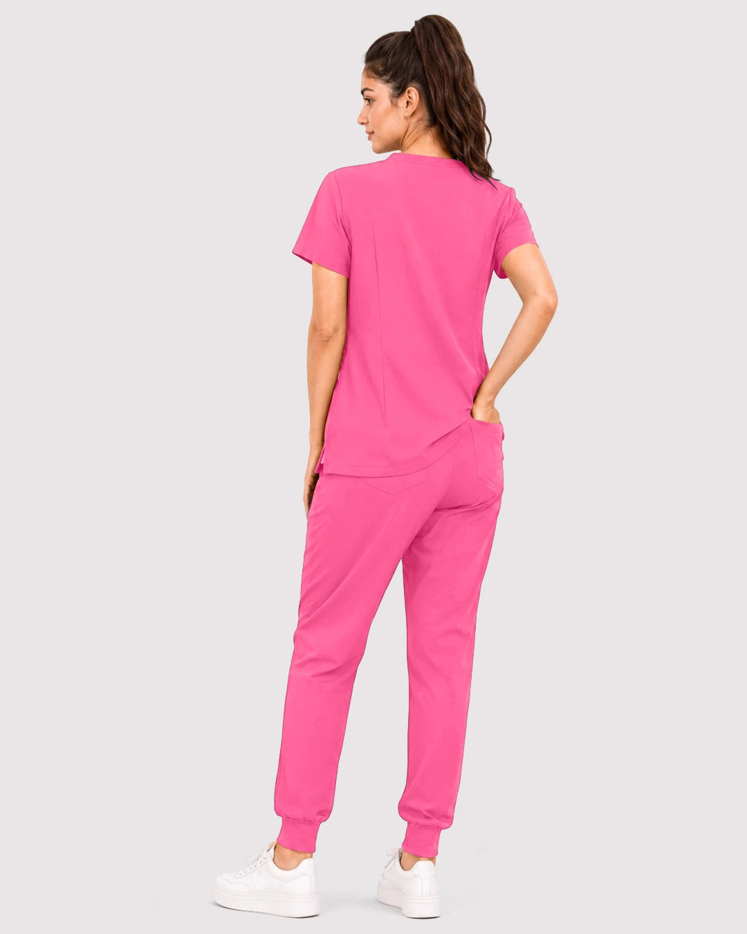 Azalea Pink Eipnare Women's 3-Pocket V-Neck Jogger Scrub Set - Stretch Medical Scrubs for Women