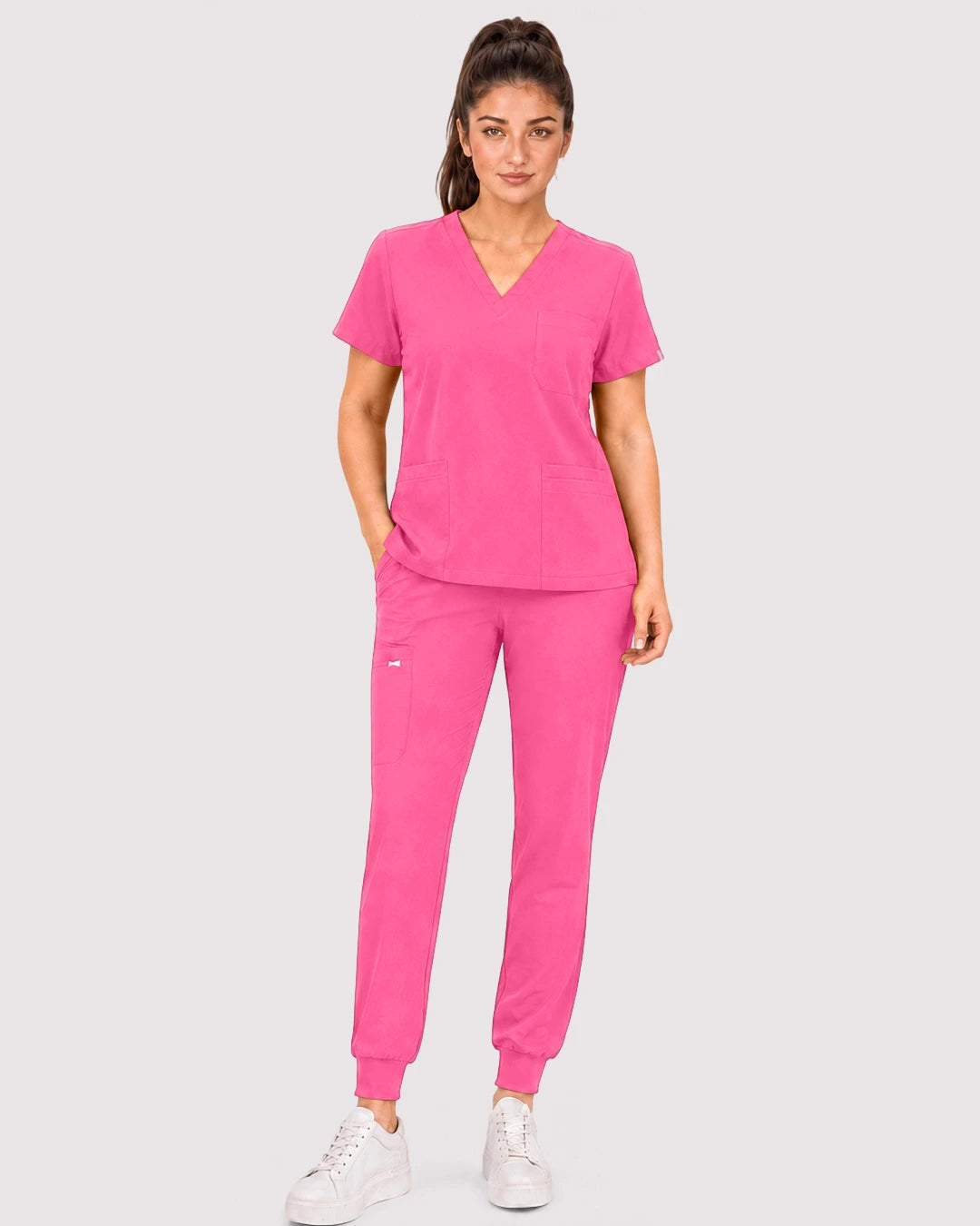 Azalea Pink Eipnare Women's 3-Pocket V-Neck Jogger Scrub Set - Stretch Medical Scrubs for Women