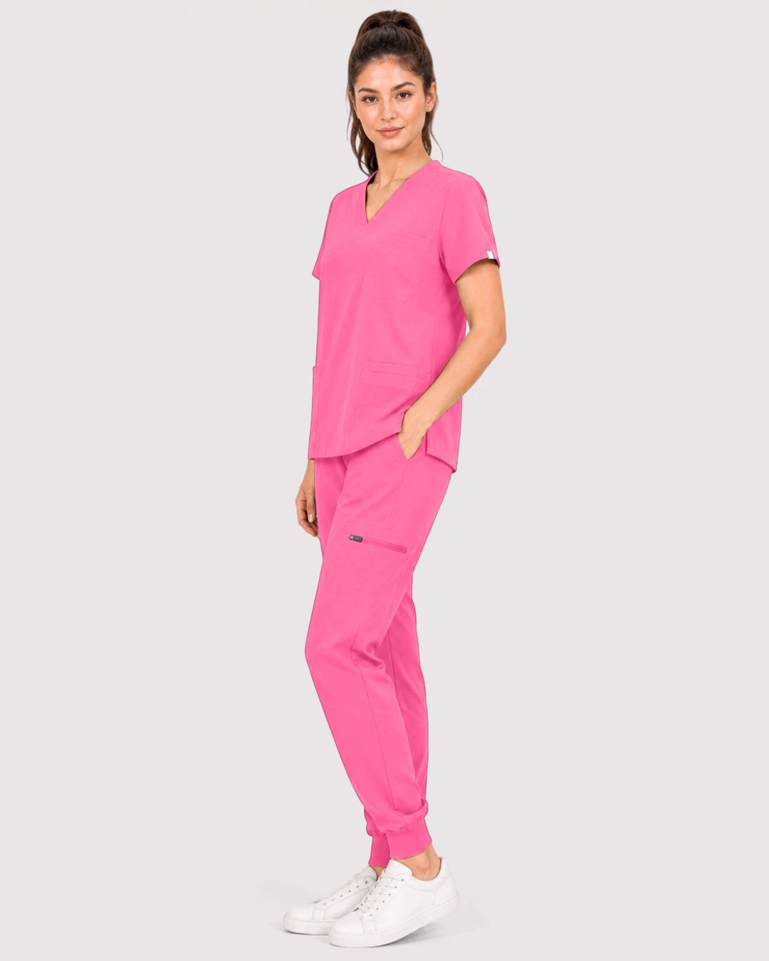 Azalea Pink Eipnare Women's 3-Pocket V-Neck Jogger Scrub Set - Stretch Medical Scrubs for Women
