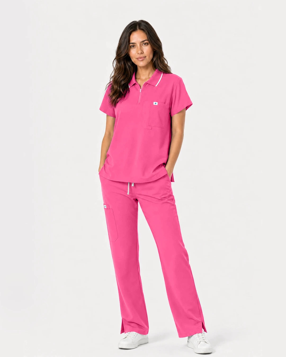 Azalea Pink Eipnare Women's Zip Polo Straight-Leg Scrub Set - Stretch Medical Scrubs for Women