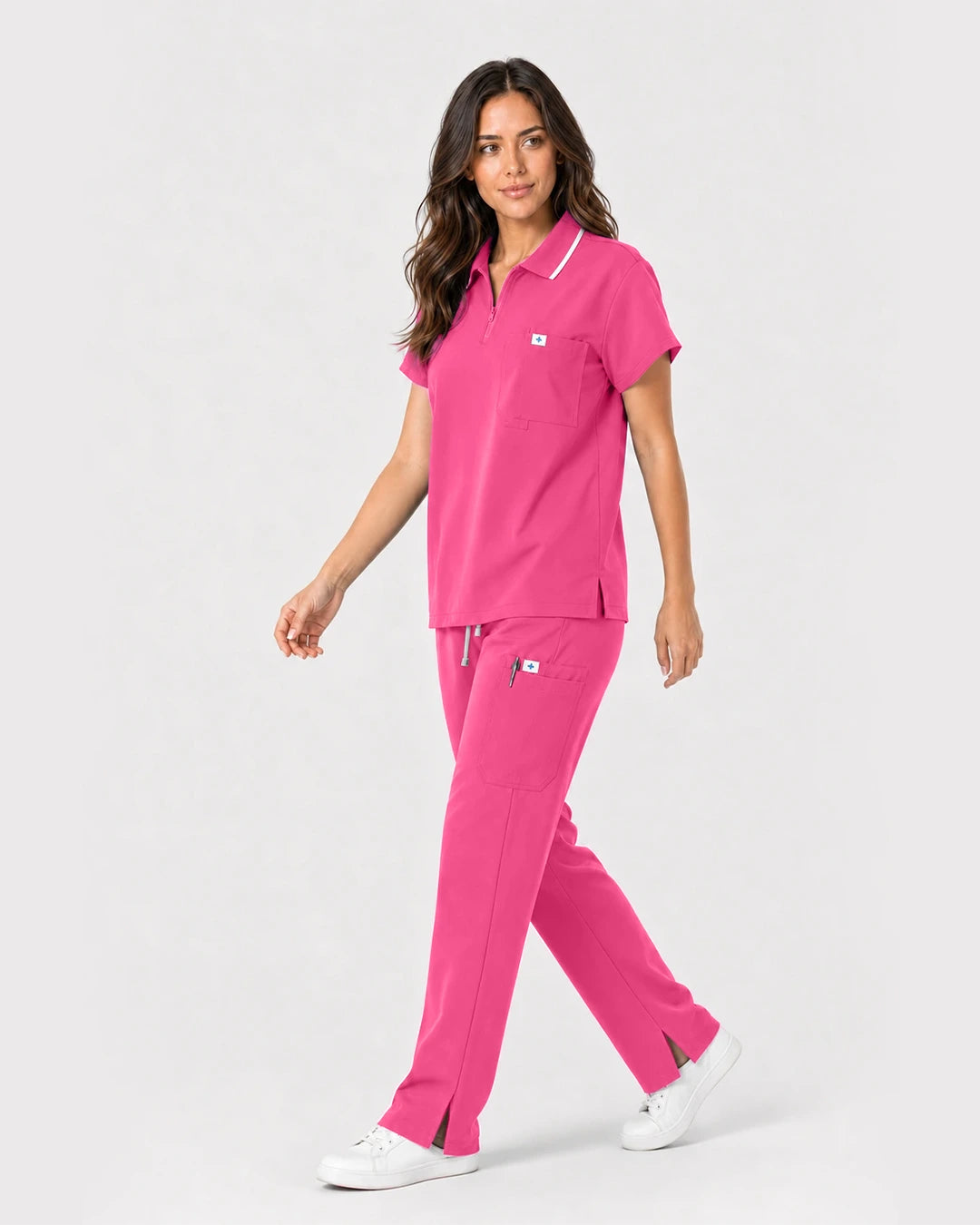Azalea Pink Eipnare Women's Zip Polo Straight-Leg Scrub Set - Stretch Medical Scrubs for Women