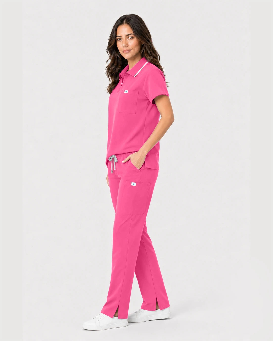 Azalea Pink Eipnare Women's Zip Polo Straight-Leg Scrub Set - Stretch Medical Scrubs for Women