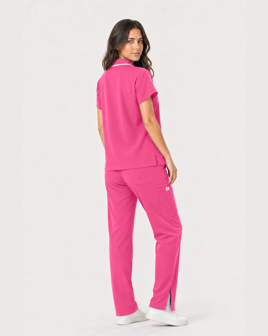 Azalea Pink Eipnare Women's Zip Polo Straight-Leg Scrub Set - Stretch Medical Scrubs for Women