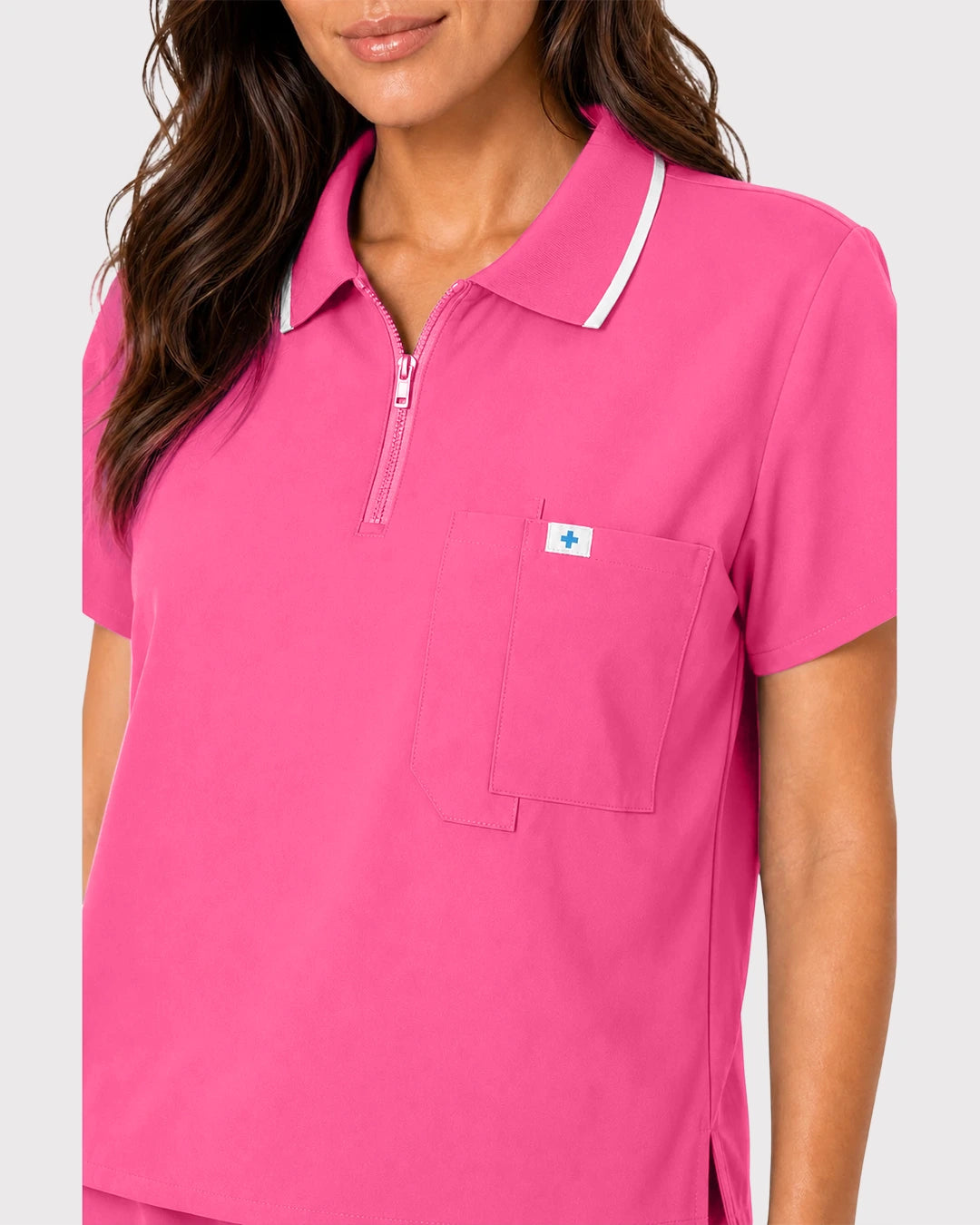Azalea Pink Eipnare Women's Zip Polo Straight-Leg Scrub Set - Stretch Medical Scrubs for Women