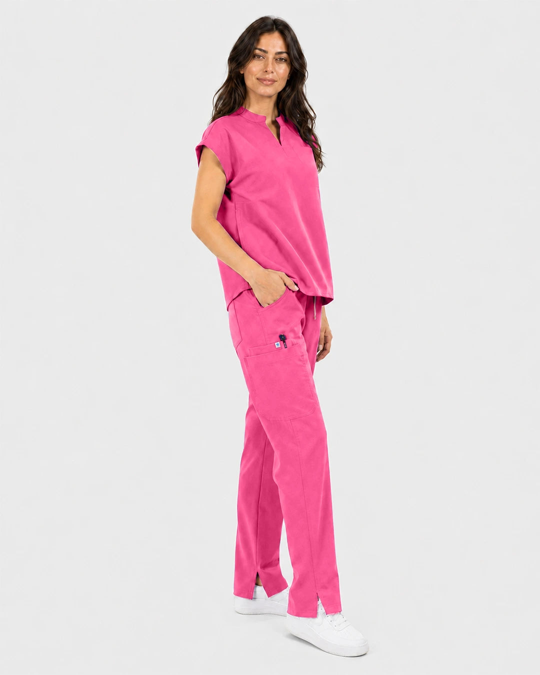Azalea Pink Eipnare Women's Mandarin Sleeveless Straight-Leg Scrub Set - Stretch Medical Scrubs for Women