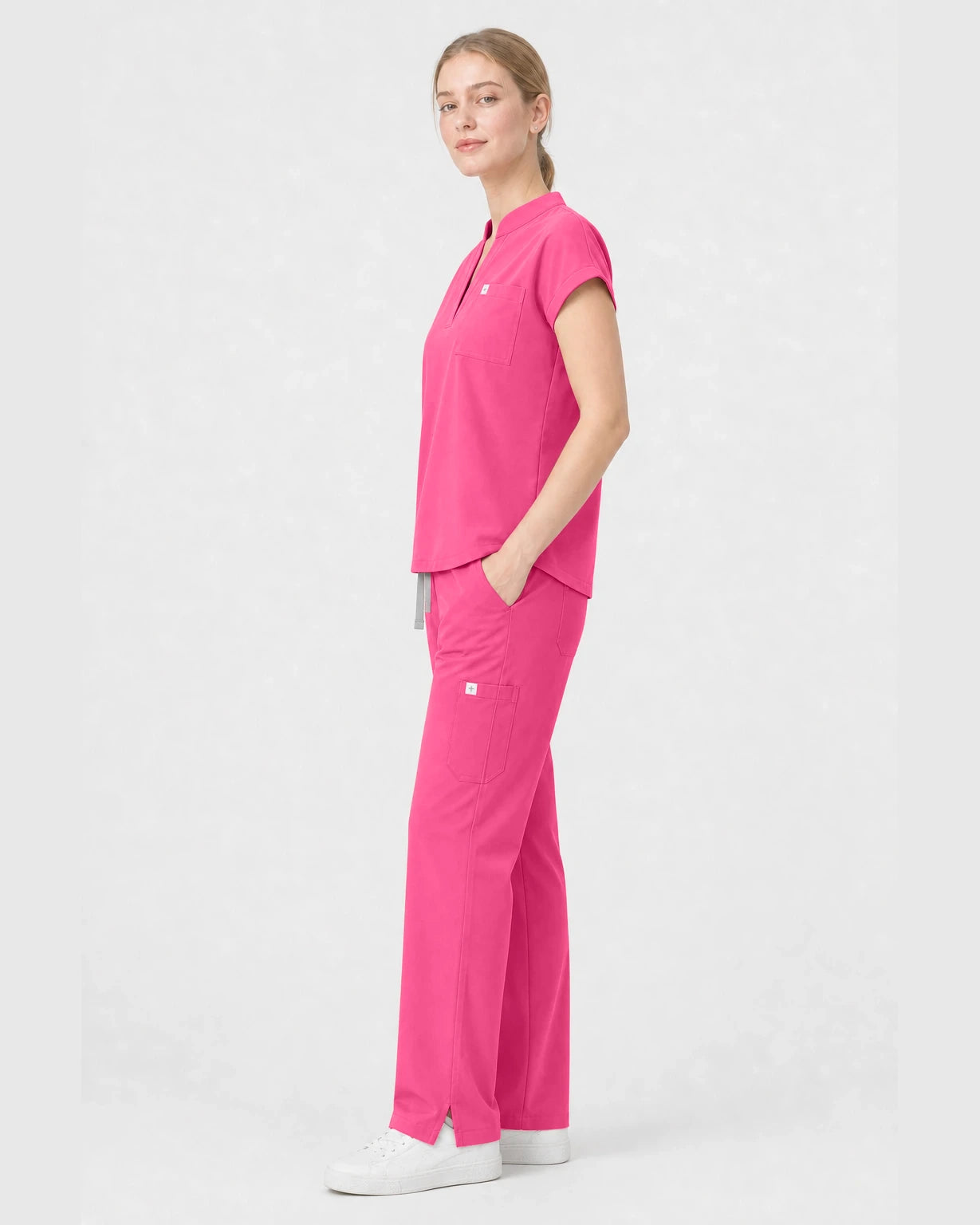 Azalea Pink Eipnare Women's Henley Sleeveless Straight-Leg Scrub Set - Stretch Medical Scrubs for Women