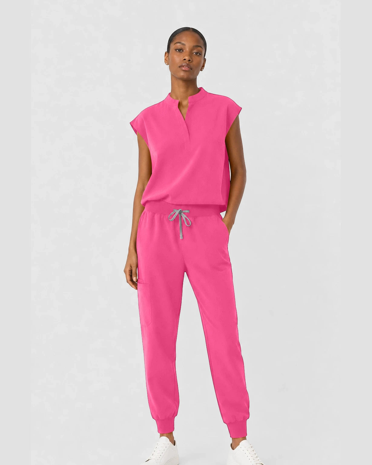 Azalea Pink Eipnare Women's Sleeveless Mandarin Collar Jogger Scrub Set - Stretch Medical Scrubs for Women