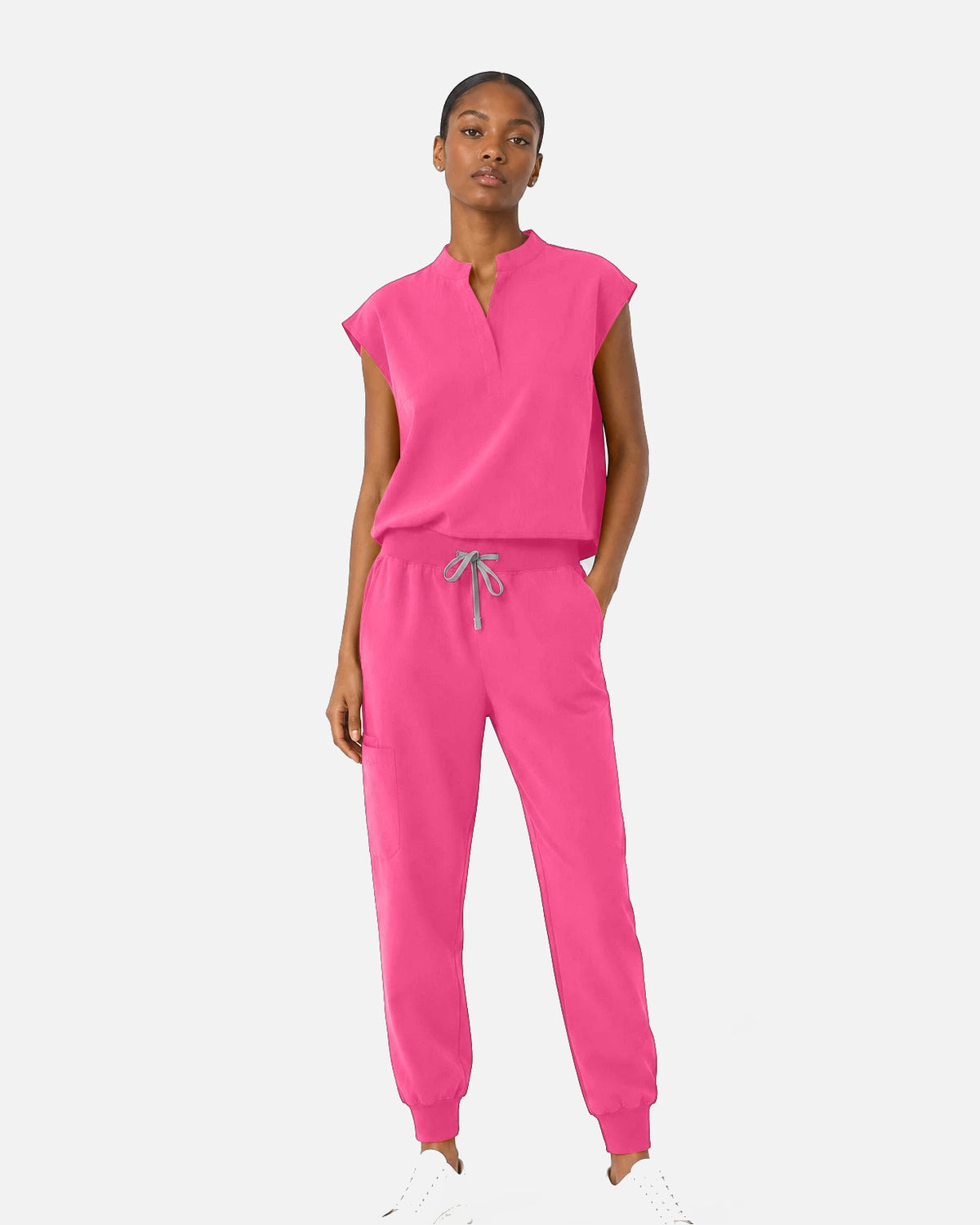 Azalea Pink – Eipnare Women's Sleeveless Mandarin Collar Jogger Uniform Set – product image 01