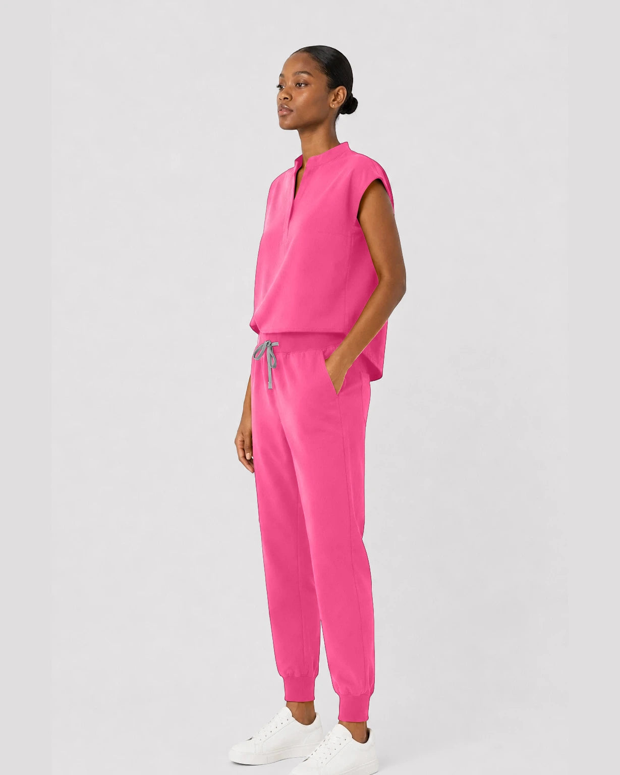 Azalea Pink Eipnare Women's Sleeveless Mandarin Collar Jogger Scrub Set - Stretch Medical Scrubs for Women