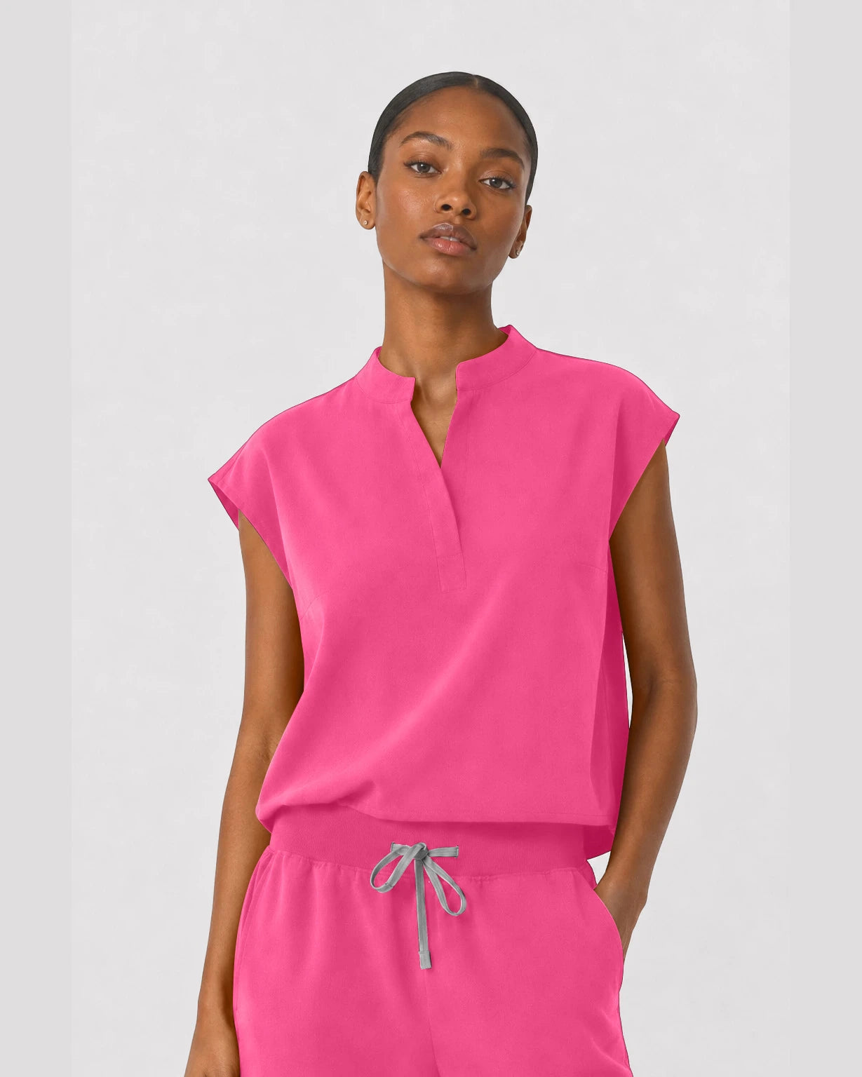 Azalea Pink Eipnare Women's Sleeveless Mandarin Collar Jogger Scrub Set - Stretch Medical Scrubs for Women