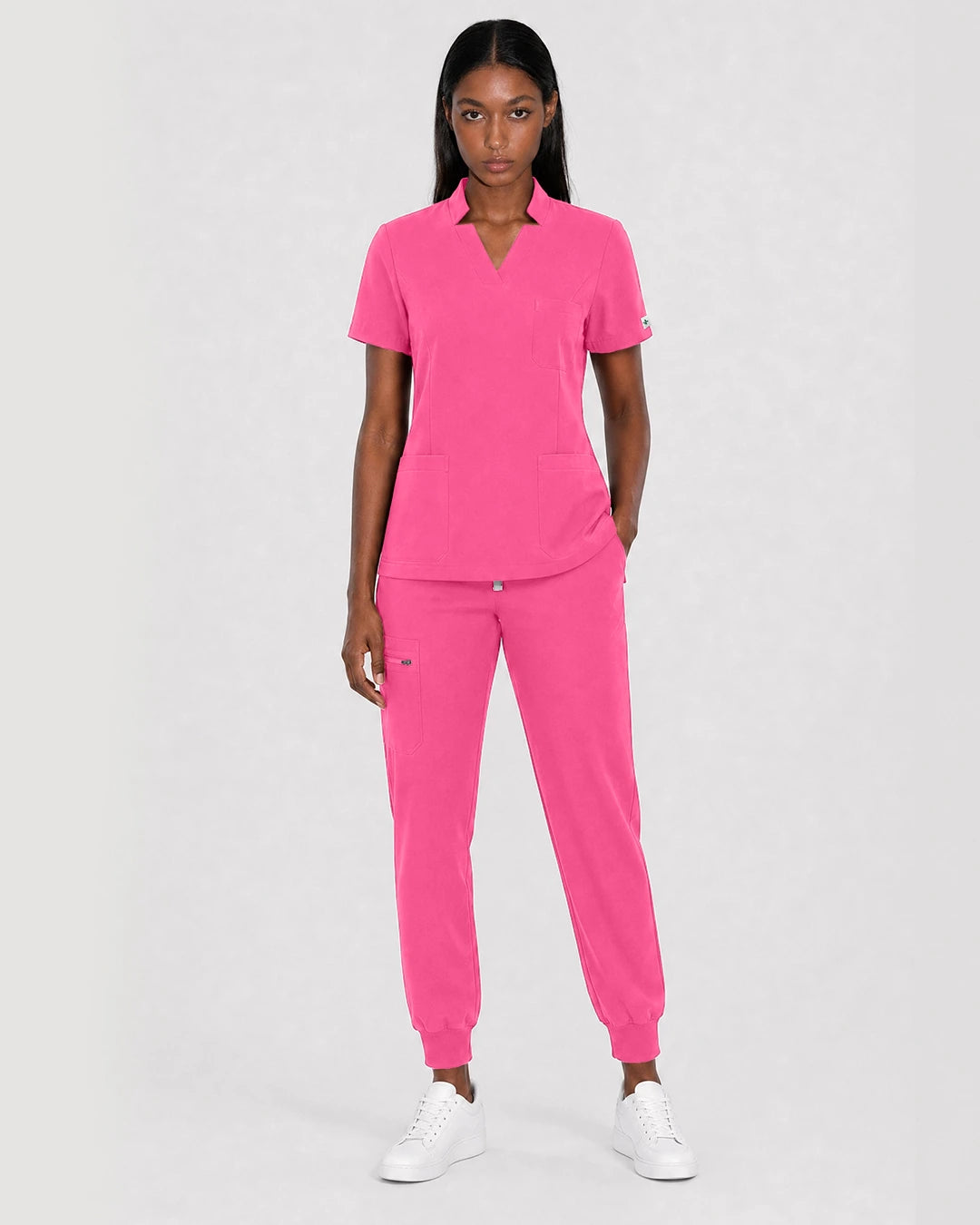 Azalea Pink Eipnare Women's Split V-Neck Cargo Jogger Scrub Set - Stretch Medical Scrubs for Women