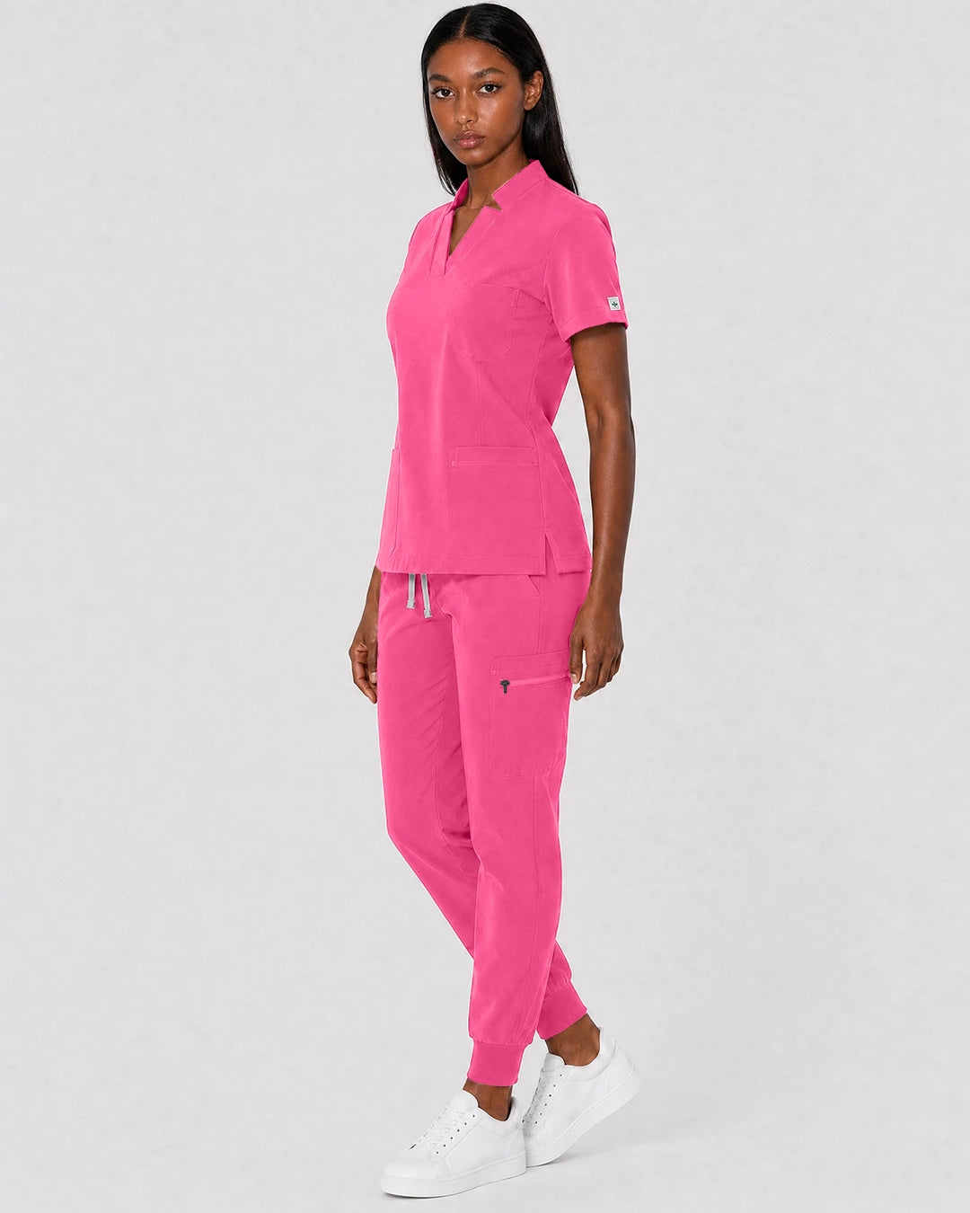 Azalea Pink Eipnare Women's Split V-Neck Cargo Jogger Scrub Set - Stretch Medical Scrubs for Women