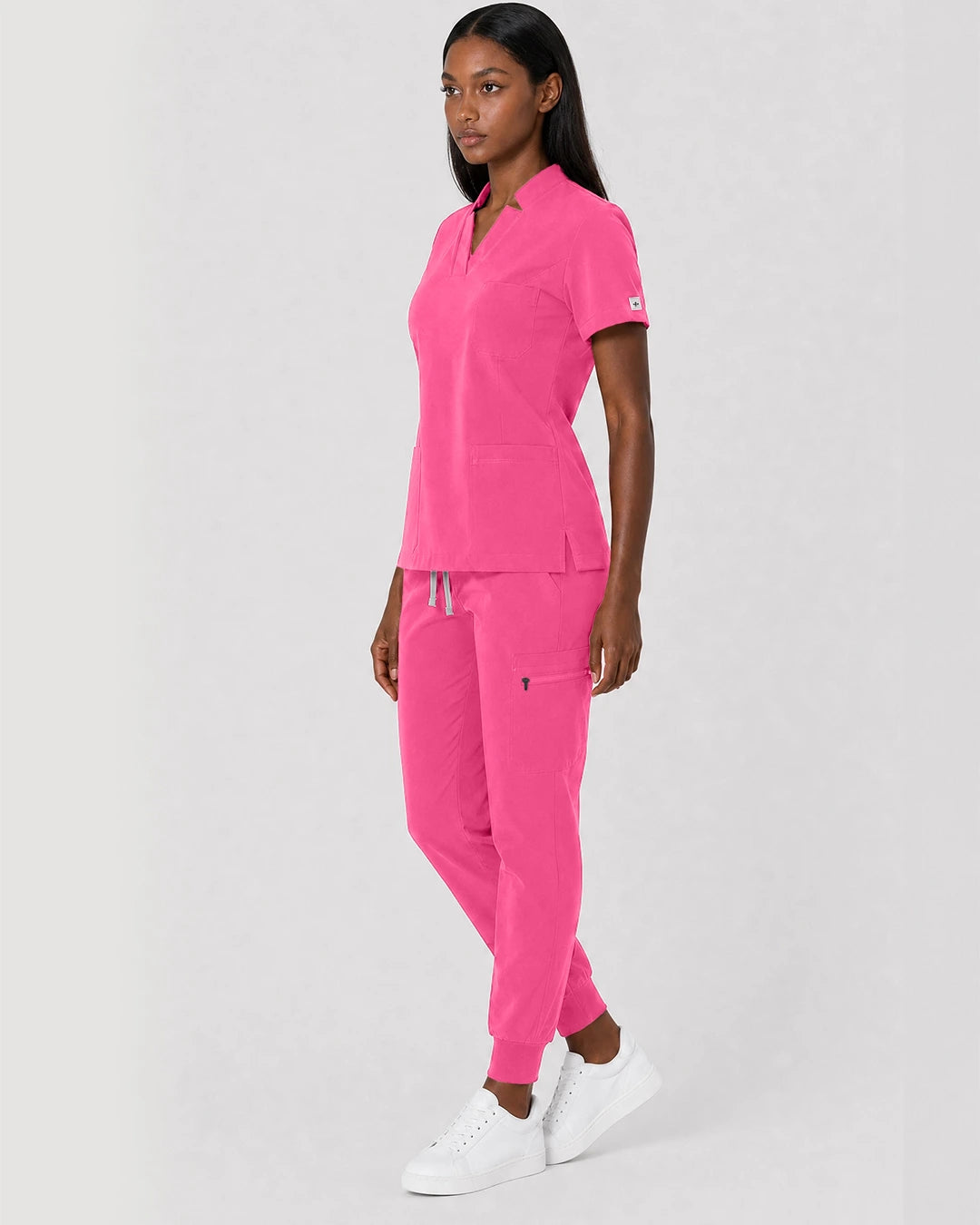 Azalea Pink Eipnare Women's Split V-Neck Cargo Jogger Scrub Set - Stretch Medical Scrubs for Women