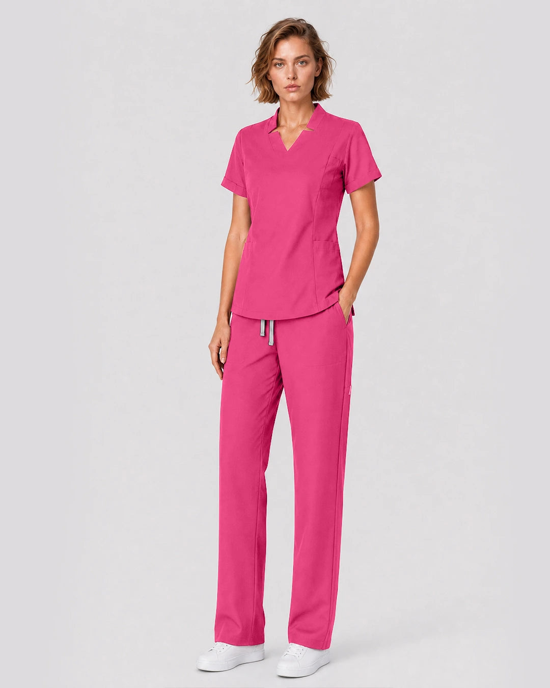 Azalea Pink Eipnare Women's Split V-Neck Tapered Scrub Set - Stretch Medical Scrubs for Women