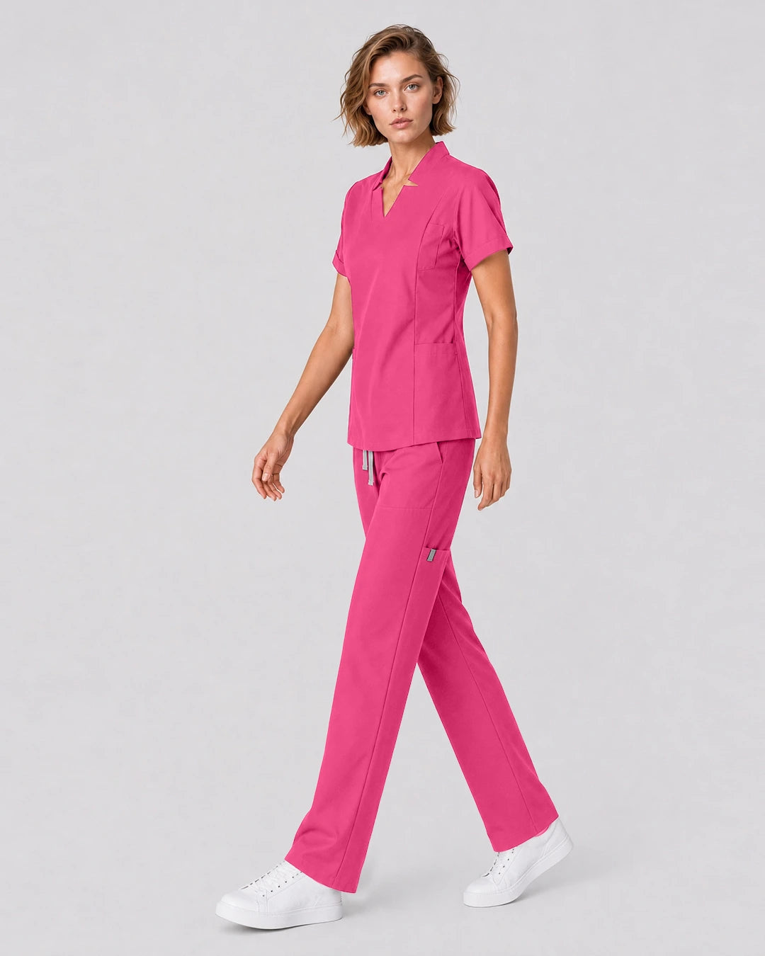 Azalea Pink Eipnare Women's Split V-Neck Tapered Scrub Set - Stretch Medical Scrubs for Women