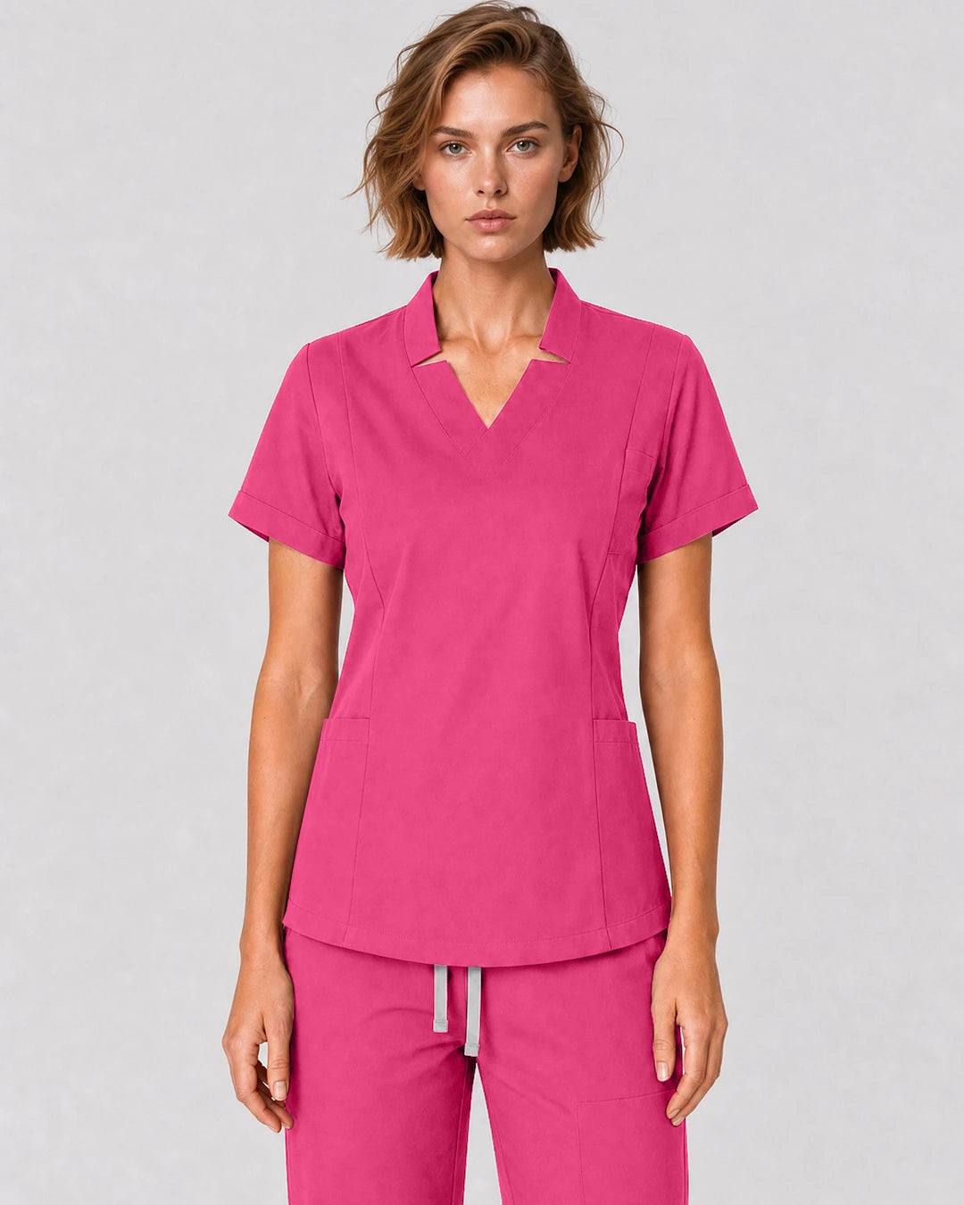 Azalea Pink Eipnare Women's Split V-Neck Tapered Scrub Set - Stretch Medical Scrubs for Women