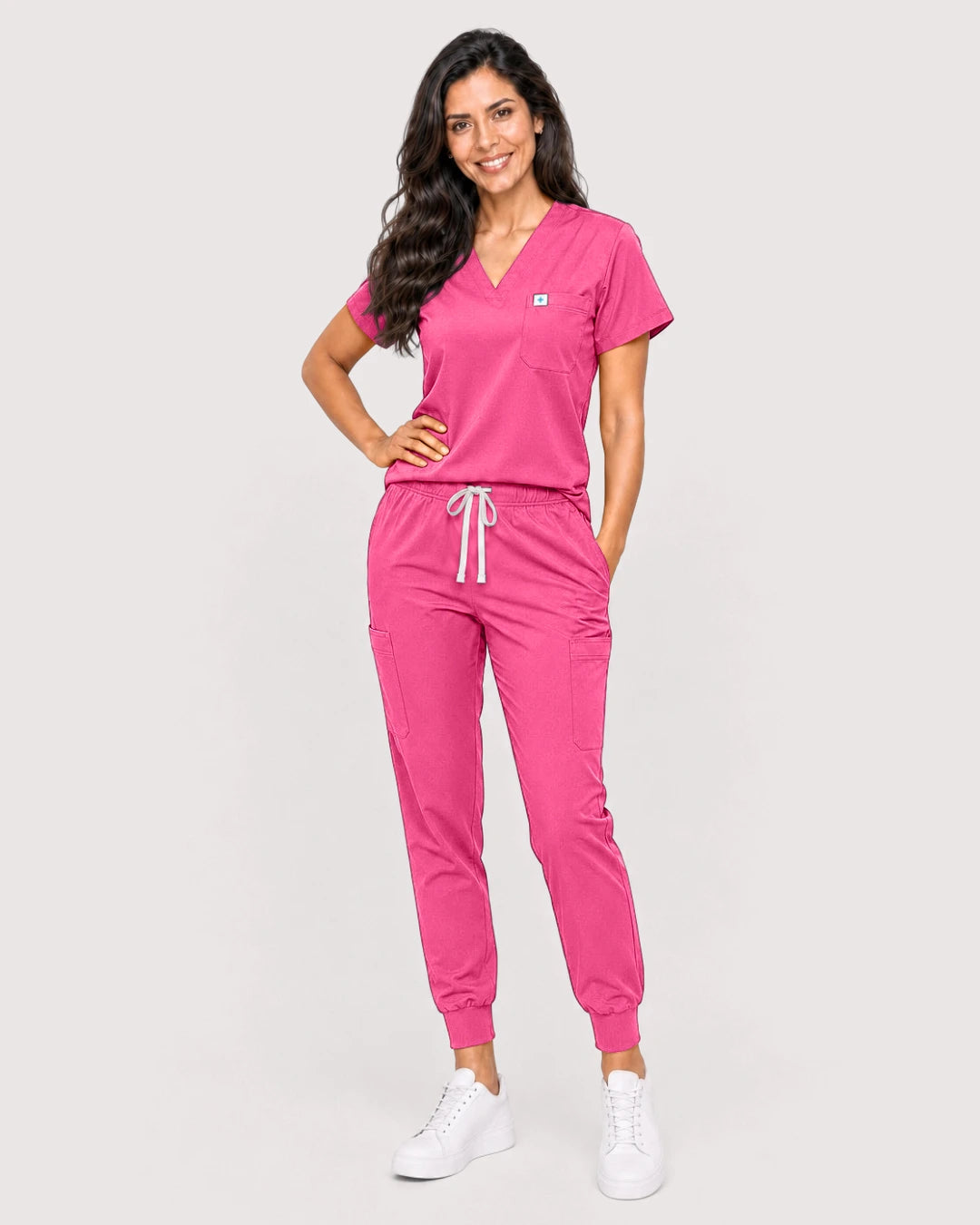 Azalea Pink Eipnare Women's Knit V-Neck Jogger Scrub Set - Stretch Medical Scrubs for Women
