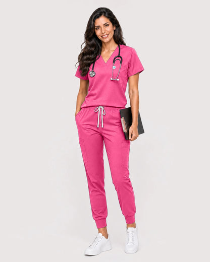 Azalea Pink Eipnare Women's Knit V-Neck Jogger Scrub Set - Stretch Medical Scrubs for Women