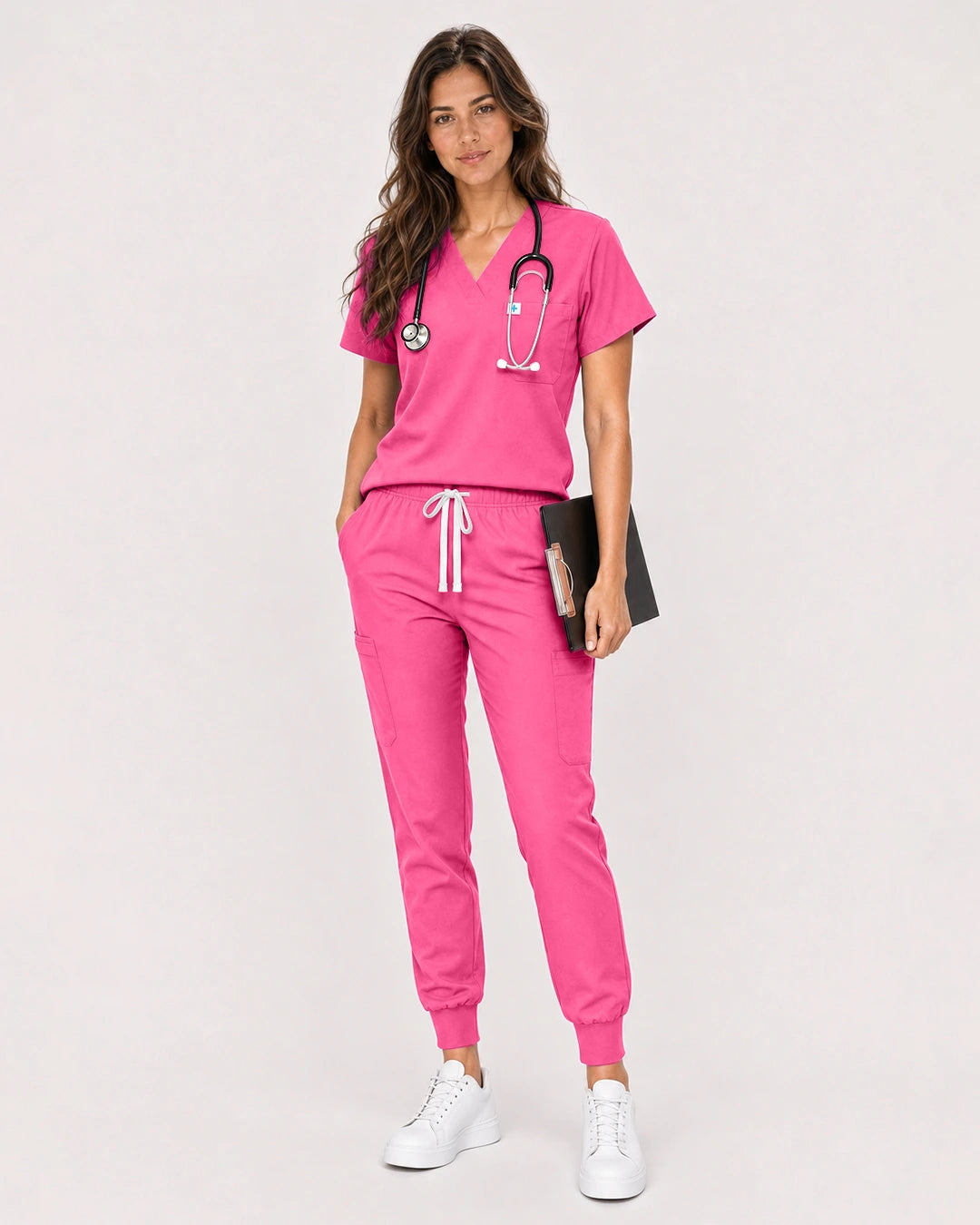 Azalea Pink Eipnare Women's Classic V-Neck Jogger Scrub Set - Stretch Medical Scrubs for Women