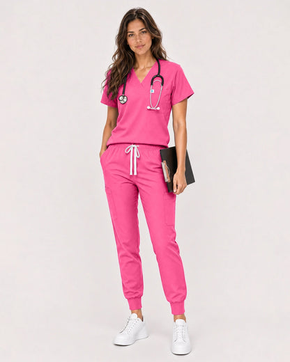 Azalea Pink Eipnare Women's Classic V-Neck Jogger Scrub Set - Stretch Medical Scrubs for Women