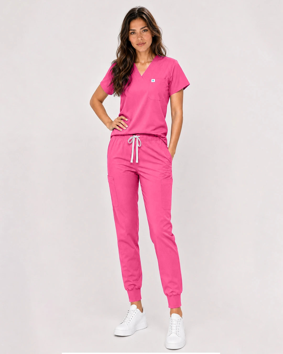 Azalea Pink Eipnare Women's Classic V-Neck Jogger Scrub Set - Stretch Medical Scrubs for Women