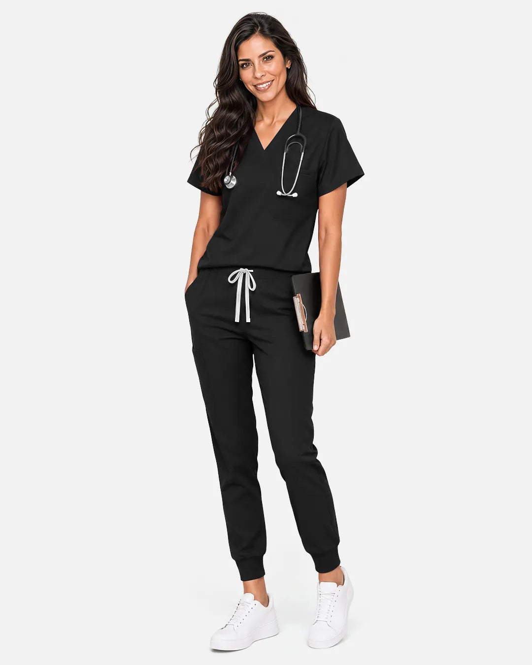Black Eipnare Women's Classic V-Neck Scrub Top - Stretch Medical Scrubs for Women