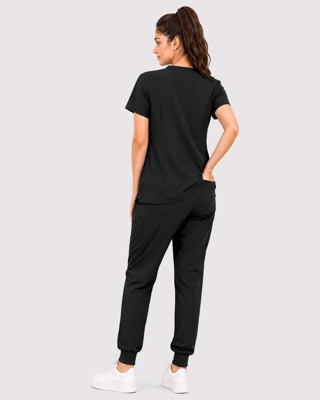 Black Eipnare Women's 3-Pocket V-Neck Jogger Scrub Set - Stretch Medical Scrubs for Women