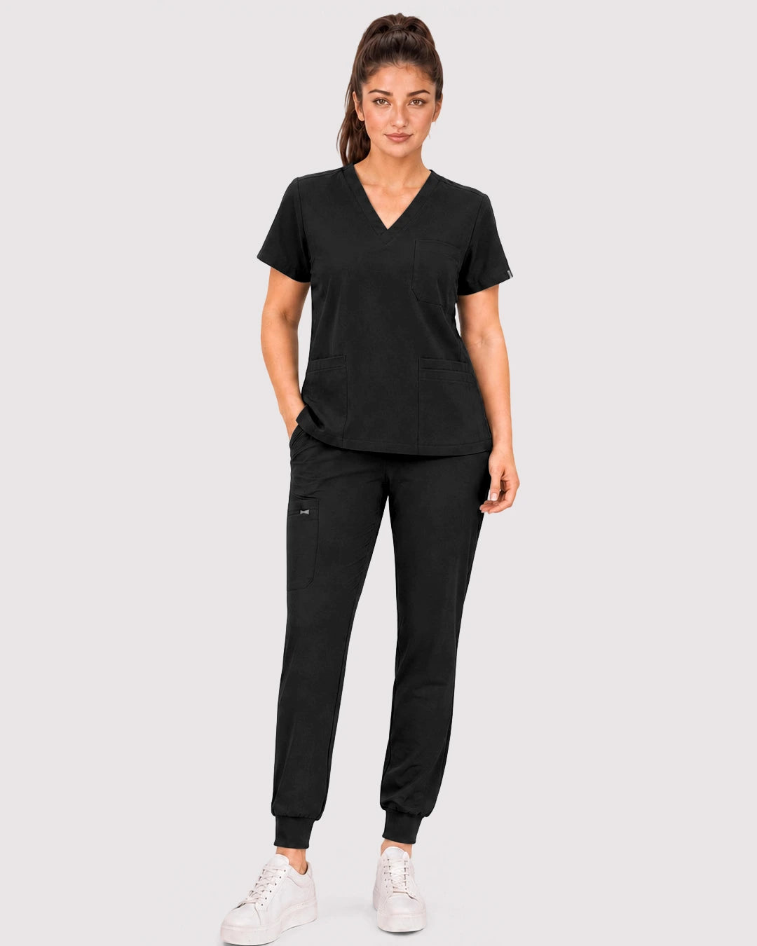 Black Eipnare Women's 3-Pocket V-Neck Jogger Scrub Set - Stretch Medical Scrubs for Women
