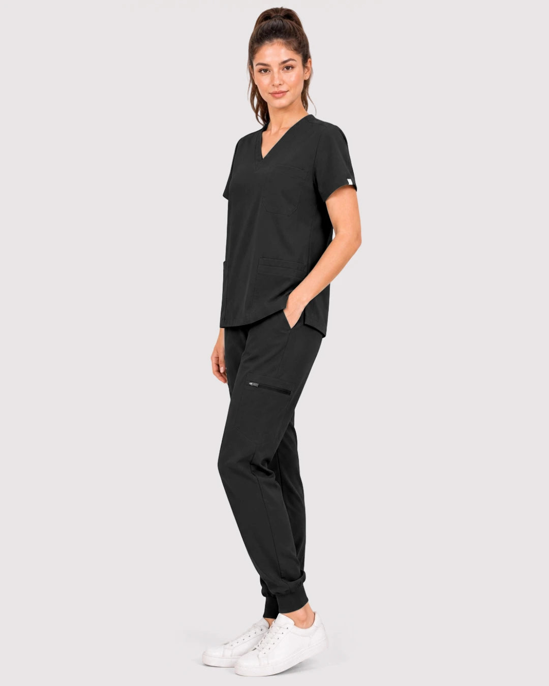 Black Eipnare Women's 3-Pocket V-Neck Jogger Scrub Set - Stretch Medical Scrubs for Women
