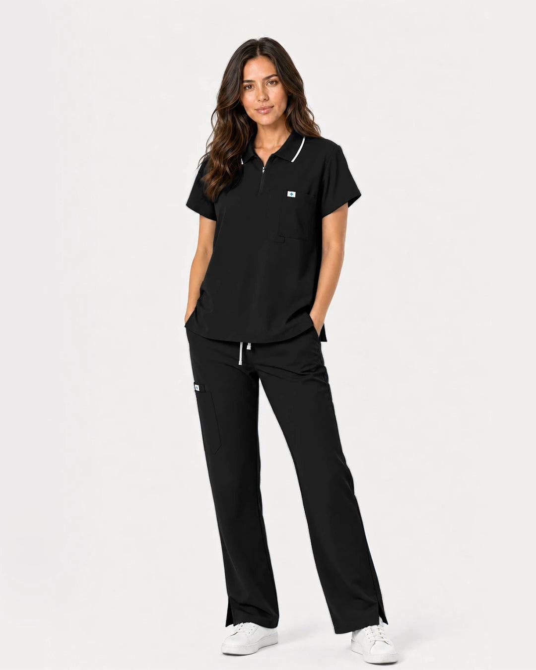Black Eipnare Women's Zip Polo Straight-Leg Scrub Set - Stretch Medical Scrubs for Women