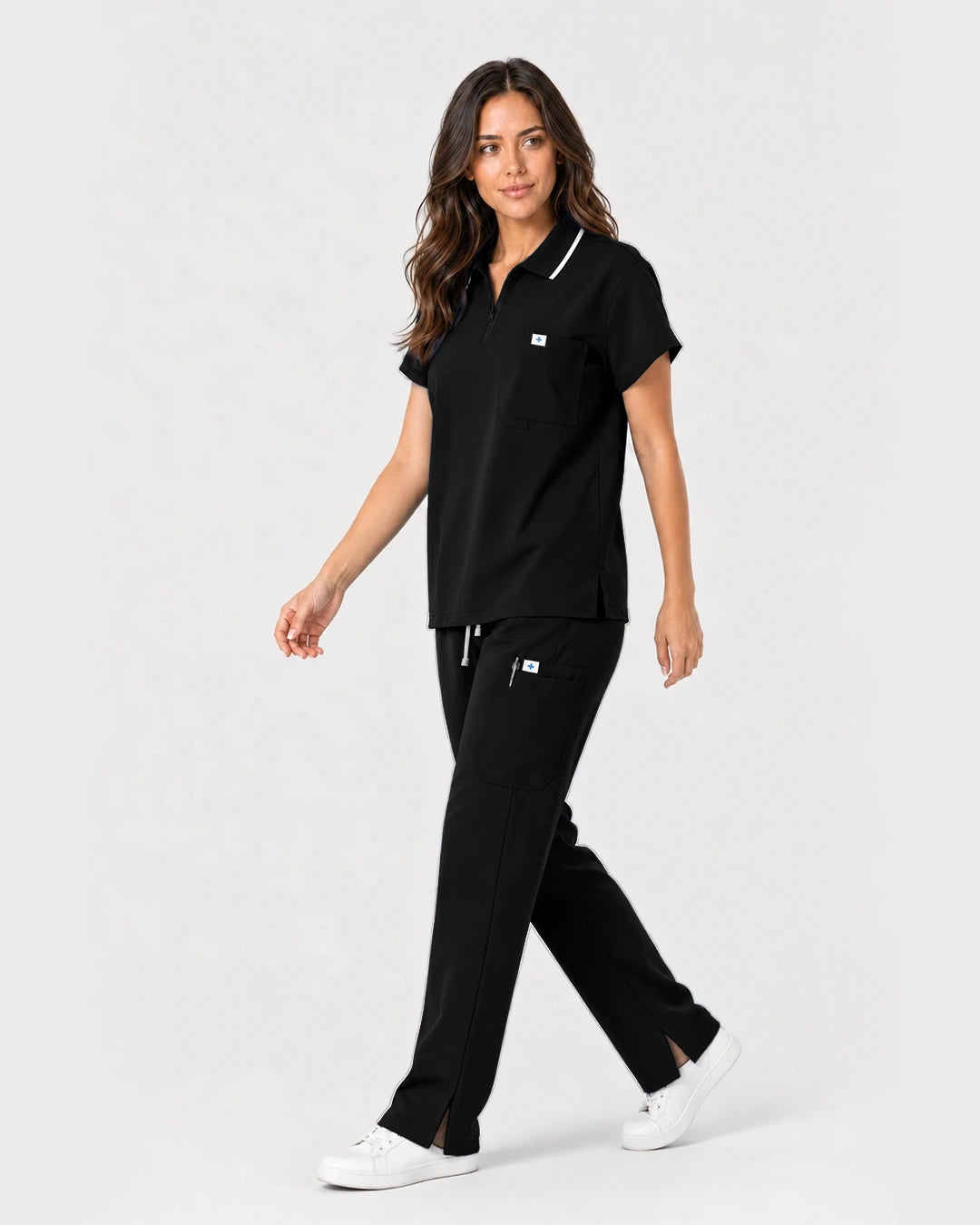 Black Eipnare Women's Zip Polo Straight-Leg Scrub Set - Stretch Medical Scrubs for Women