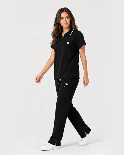 Black Eipnare Women's Zip Polo Straight-Leg Scrub Set - Stretch Medical Scrubs for Women
