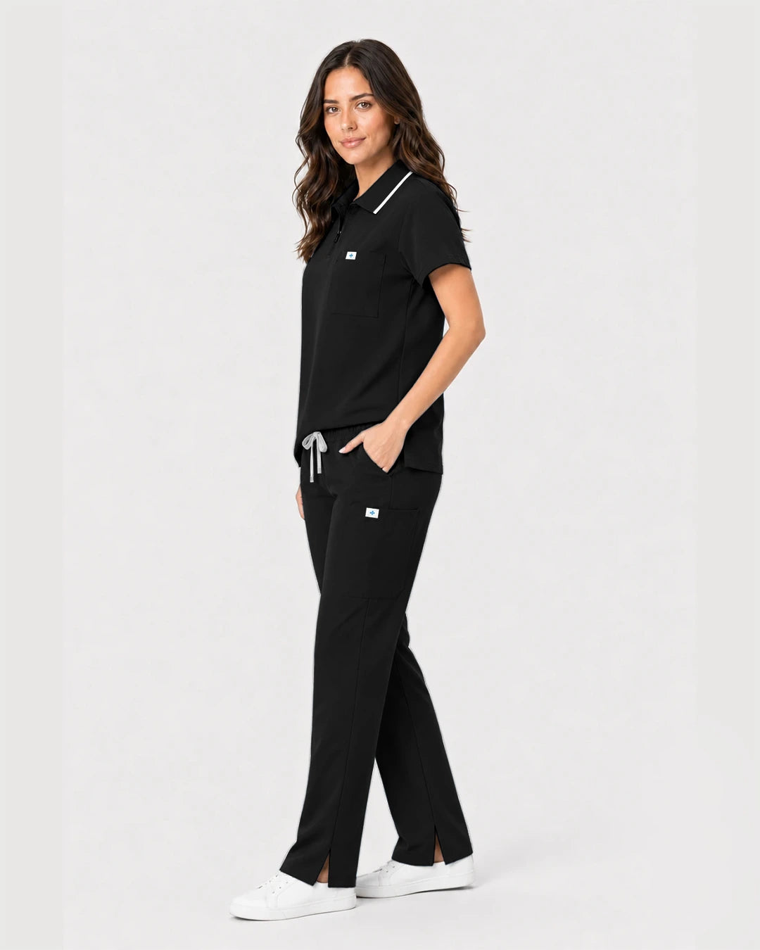 Black Eipnare Women's Zip Polo Straight-Leg Scrub Set - Stretch Medical Scrubs for Women